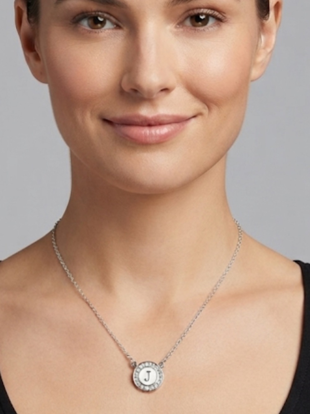 Silver Initial 'J' Crystal Circle Pendant Necklace